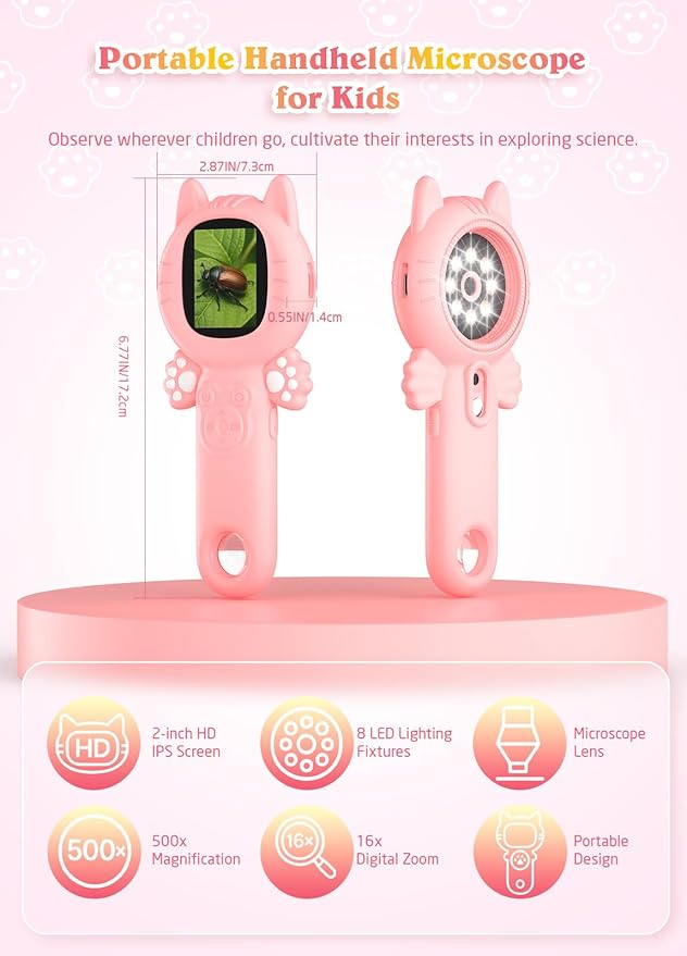 2-in-1 Microscope Camera for Kids, Mini Handheld Microscope Supporting Multiple Viewing Angles, Outdoor Educational Science Adventure Toys, Birthday Gifts for 3-10 Years Old Girls, Pink Cat