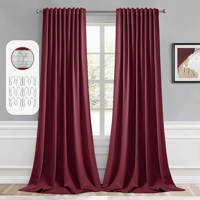MIULEE Wine Red Back Tab Blackout Curtains 102 Inch Long 2 Panels Set for Bedroom, Rod Pocket/Pinch Pleated Thermal Insulated Living Room Darkening Light Blocking Floor to Ceiling Drapes