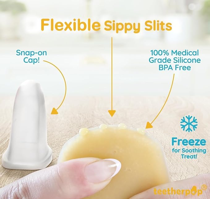 Teetherpop Fillable Silicone Teether for Babies – Breastmilk Popsicle Molds for Teething with Spill-Proof Sippy Slits – Freezable Baby Teethers for Liquids & Purées - Cooling Relief (4-Pack-Blues)