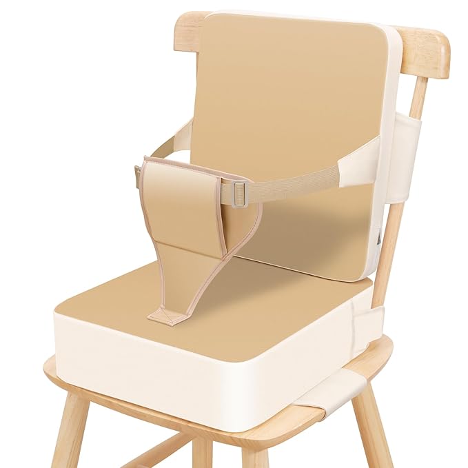 Toddler Booster Seat for Dining Table, Non-Slip Kitchen Chair Booster Seat with Backrest and Adjustable Straps, Portable PU Waterproof Travel Baby Booster Increasing Cushion