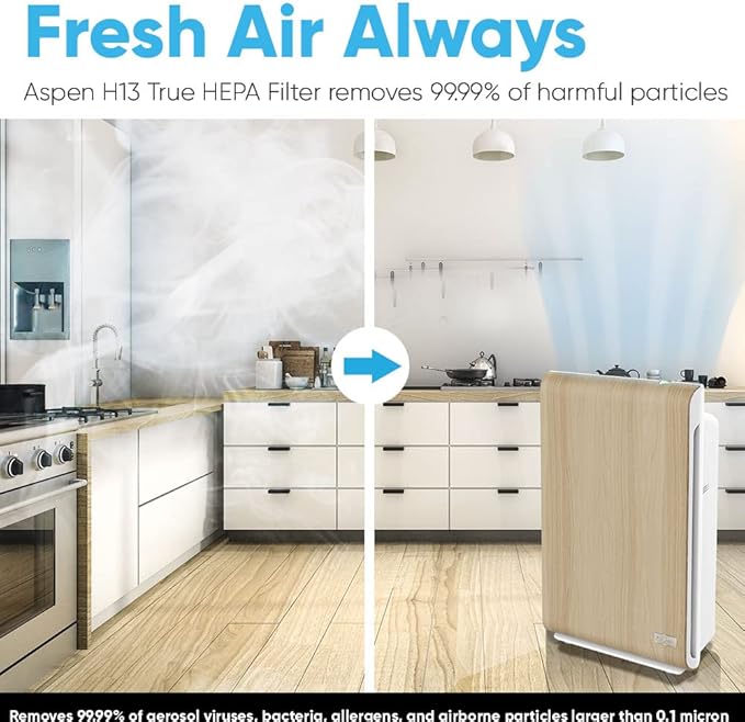Aspen One Button Air Purifiers for Home, Cleans 1500 SqFt in 50min and 362 SqFt in 12min, HEPA Air Purifier with Automatic and App Control - Filtrate 99.97% of Smoke, Pollen, and more - Gold Oak