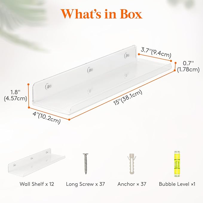 Lifewit Floating Shelves for Wall, 12 Pack Clear Acrylic Shelf 15" Room Decor for Bookcase/Vinyl Record Display/Photo/Picture in Bedroom, Living Room, Bathroom, Kitchen Storage and Organization
