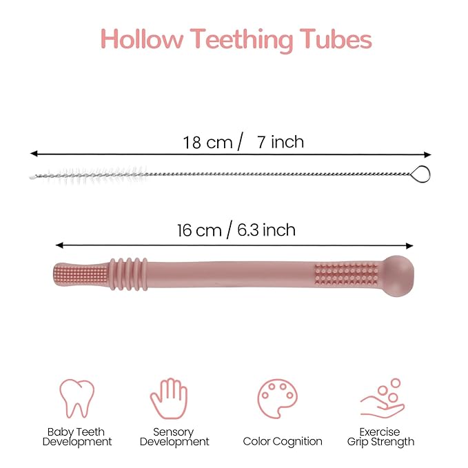 Fu Store Hollow Teether Tube Chew Straw Sensory Toy for Infant Toddlers Silicone Tubes Teething Toys for Babies 3-12 Months 0-36 Months Gifts Learning Developmental Toys BPA Free Freezable 6 Pack