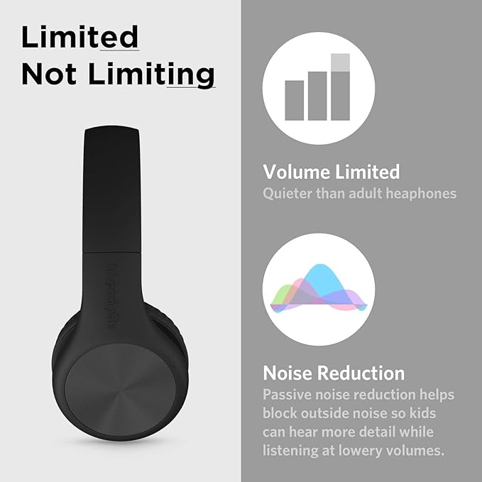 LilGadgets Connect+ Pro Wired Kids Headphones for School w/Microphone, Volume Limiting & Noise Reduction Over-Ear Headset w/Cord, SharePort Technology & SoftTouch Padding, Black Headphones for Kids