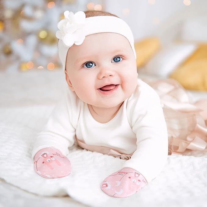 6 Pairs Newborn Baby Mittens No Scratch Gloves Infant Toddler Anti Scratch Essentials Unisex Cotton for 3-9 Months Girls Boys(Pink Series, Cute)