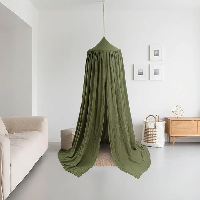 Cotton Kids Bed Canopy, Nursery Room Baby Crib Hanging Curtain Mosquito Net Hideaway Bedding Children Reading Nook Decoration, Pastel Neutral Color for Boys & Girls (Small Green)