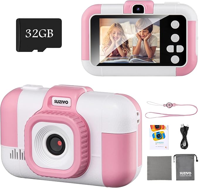 Kids Camera, SUZIYO Children Digital Selfie Video Camcorder 1080P Dual Lens 2.4 Inch HD, Birthday Christmas Electronic Gifts Toys for Age 3-9 Years Old Toddlers Girls Boys with 32G TF Card,Pink