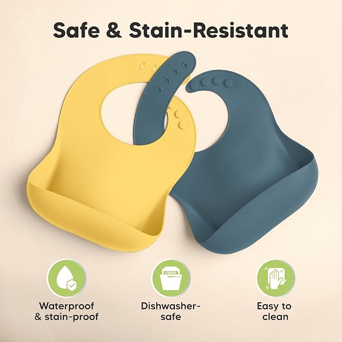 KeaBabies 2-Pack Silicone Baby Bibs for Eating - Sturdy Food-Grade Silicone Bibs for Babies Girl, Boy, Large Food Catcher, Clean & Put On Easily, Waterproof Toddler Feeding Essentials (Valiant)