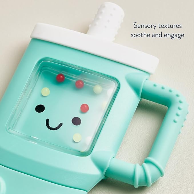 Itzy Ritzy Silicone Rattle Teether– BPA-Free Silicone Teether with Rattle for Babies & Toddlers – Features a Gentle Rattle Sound, Colorful Beads & Multiple Textures (Travel Cup)