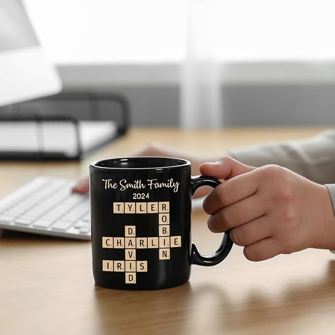 Family Forever Linked Together Custom Names Ceramic Mug, Crossword Puzzle Art, for Birthday, Anniversary or Special Occasions (Family Forever Linked Together Black Mug)