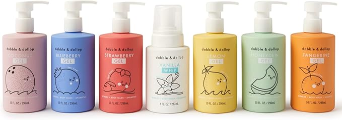 Dabble & Dollop Rainbow of Bubbles – Natural 4-in-1 Bath Set for Kids, Includes Bubble Bath, Body Wash, Shampoo, USA Made, No Parabens/Sulfates, Vegan, Gluten-Free, Tear-Free (7-Pack)