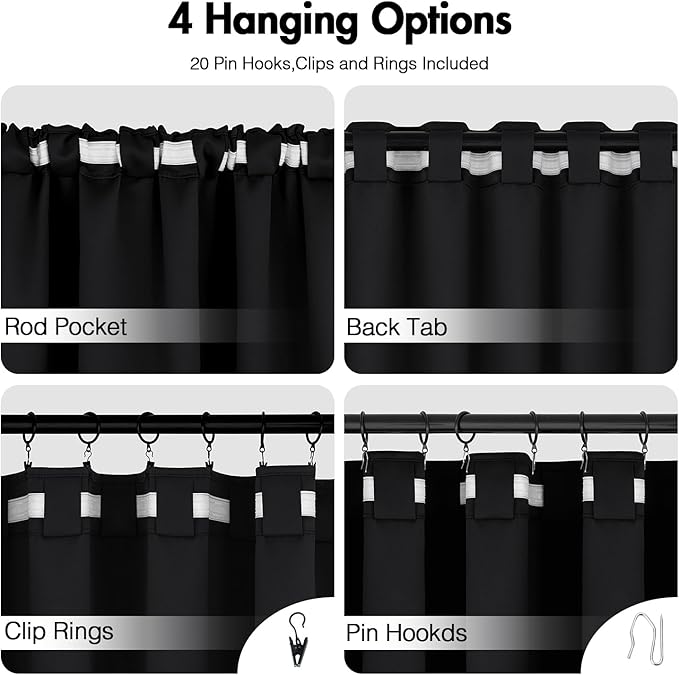 ANRODUO Back Tab Blackout Curtains for Bedroom Living Room, Rod Pocket Pinch Pleated Thermal Insulated Room Darkening Curtains 54 Inches Long 2 Panels, Black, 42 x 54 Inch