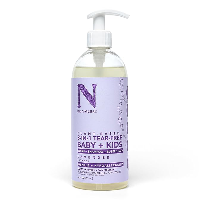Dr. Natural 3-in-1 Tear-Free Baby Plus Kids Soap - Head-to-Toe Soap and Shampoo - Sensitive Skin Moisturizing Body Wash - Lavender - 16 oz