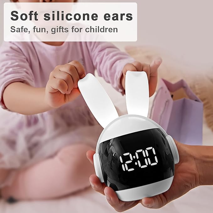 Kids Alarm Clock for Kids, Bunny Alarm Clocks for Girls Boys, White Kid Alarm Clock with Ringtones & Night Light Rechargeable Snoozing