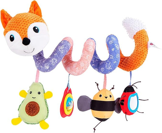 Jollybaby Baby Car Seat Stroller Toys, Plush Activity Hanging Spiral Activity Pram Crib with Music Box, Rattles, Squeaker for Babies Infant Boys Girls(Orange Fox)