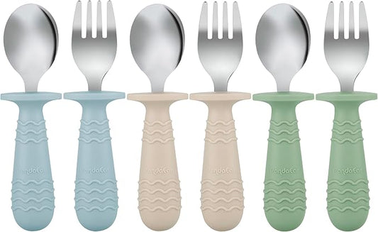 PandaEar 6 Pieces Baby Toddler Silicone Stainless Steel Utensils Silverware Spoon Fork for Baby Toddler BPA Free with Silicone Holding Anti-Choke Design (Blue Green Beige)