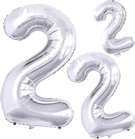 GOER Silver Number 2 Foil Balloons,Huge Number Balloons for 2nd 22nd Birthday Party Supplies Anniversary Decorations(3 pcs,42 inch,32 inc,16inch)
