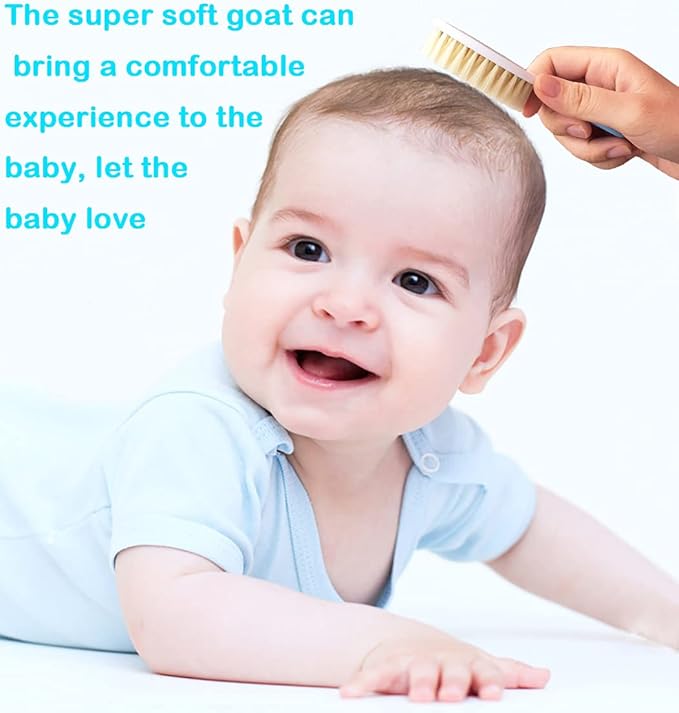 Baby Hair Brush &Silicone Baby Cradle Cap Brush Set, for Newborns & Toddlers-Natural Soft Goat Bristles-Ideal for Cradle Cap-Perfect Baby Registry Gift (Blue)