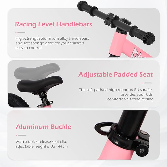 12" Balance Bike for 2, 3, 4, 5 Year Old Boys and Girls, Lightweight Nylon Frame Toddler Training Bike No Pedal Bikes for Kids with Adjustable Seat and Air Tires