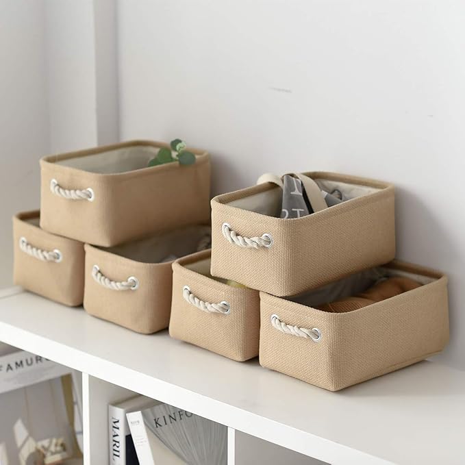 TheWarmHome Storage Basket for Organizing - Small 6 Pack 11.8x7.8x5.2 inch Fabric Storage Cubes with Cotton Rope Handle, Collapsible Storage Bins Baby Storage Toy Nursery (Beige)