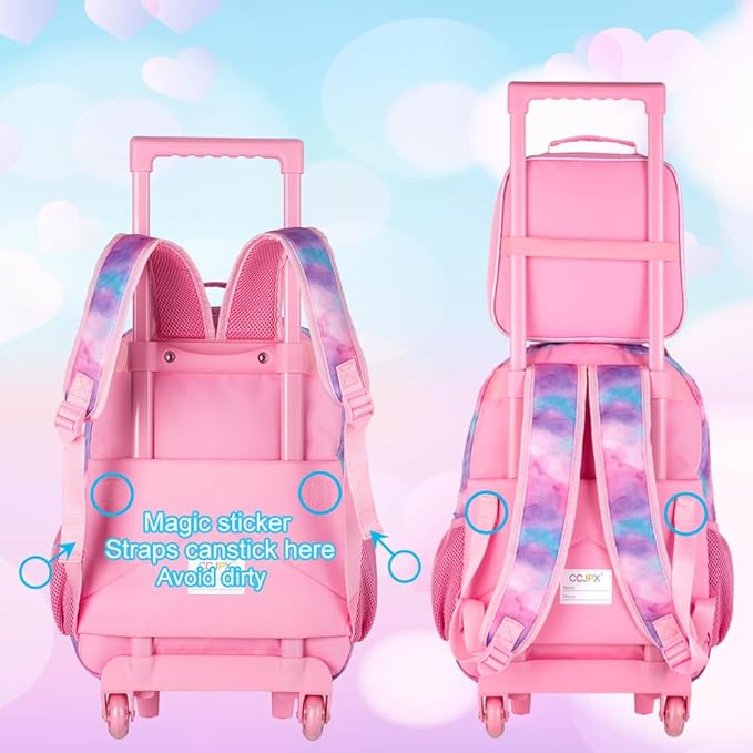 gxtvo Girls Rolling Backpack, Cute Cat Roller Wheels Kids Bookbag - Wheeled Elementary School Bag - 3PCS Cat