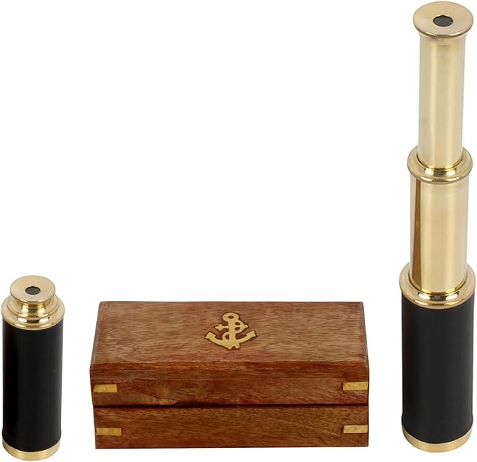 9" Pirate Telescope Handheld Brass Telescope Nautical Spyglass Monucular with Wooden Box