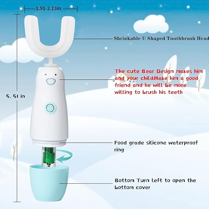 Kids Electric Toothbrush，Toddler Toothbrush Waterproof Battery Powered 360 Automatic Sonic u Shaped Toothbrushes for 2-7 Years Old for Boys Girls，with 2 Replacement Brush Heads（Blue）