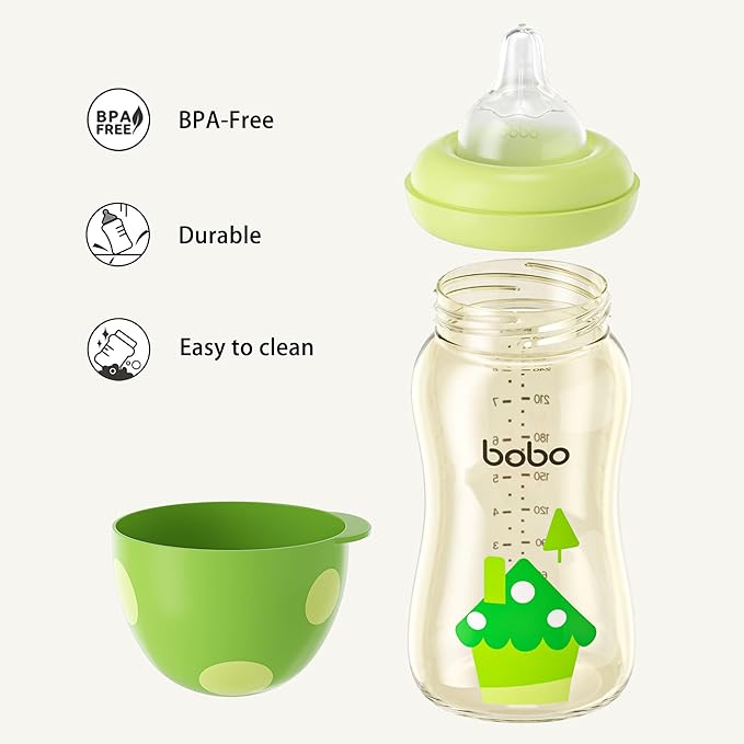 YOHKOH PPSU Baby Bottle Wide Neck, Newborn Anti-Colic Baby Bottle with Natural Response Nipple, Streamlined Body, Easy to Clean (8.8oz (Pack of 2), Green)