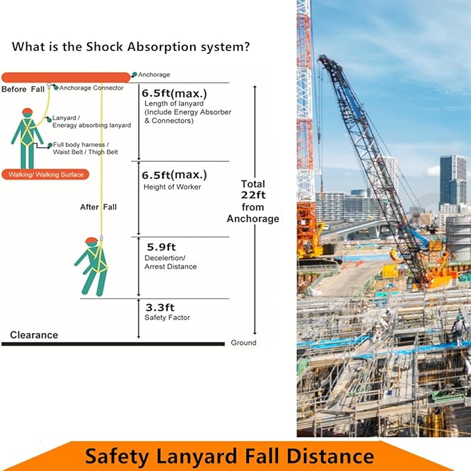Full Body Safety Harness Tool Fall Protection，OSHA/ANSI Compliant,ASTM F1774certified | INTERNAL Shock Absorbing Lanyard（Orange）