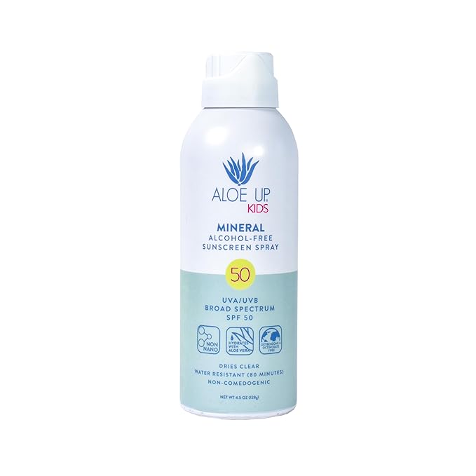 Aloe Up Kids Broad Spectrum Mineral Sunscreen Spray SPF 50 - Alcohol-Free Face and Body Sun Protector for Sensitive Skin - With Gen2 Zinc Oxide and Aloe Vera - Reef Safe - Fragrance-Free - 4.5 Oz