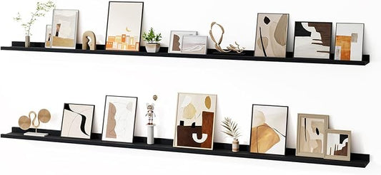 Floating Picture Ledge Shelves for Wall Set of 2, 84 Inches Picture Ledge Shelf with Long Large Nursery Book Shelf for Toys Storage Kids Bookshelf Wall Mounted Living Room Bedroom Decor Frames, Black