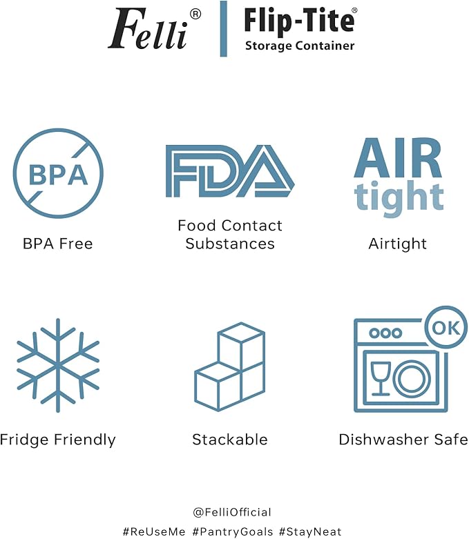 Felli Flip Tite TALL Storage Container with Lid 4" Air Tight Easy Open Ring Top, Clear Acrylic Skinny Canister Jar for Spaghetti Lasagna Fettuccine Noodle, Kitchen Cupboard Pantry Organizer (2.0 qt)