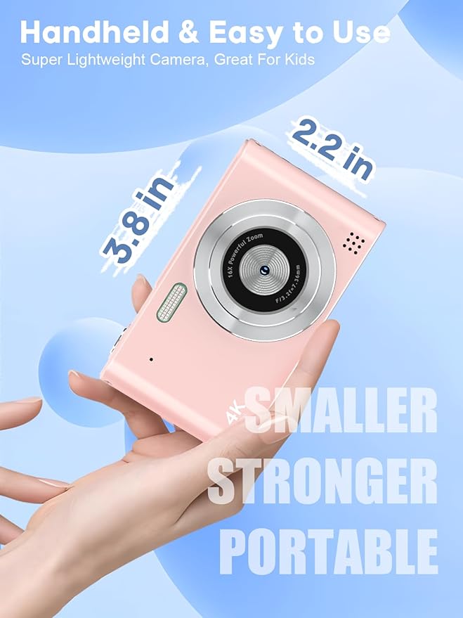 Digital Camera, 44MP Full HD 1080P Point and Shoot Camera with 64GB Card, Anti Shake 16X Zoom Compact Volg Cameras, Portable Small Digicam Gift for Kids, Ages Teen Girl Boy - Pink
