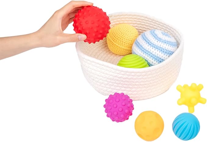 Adena Montessori 8 Pack Sensory Balls for Toddlers 1-3,Sensory Baby Toys 6-12 Months,Infant Educational Squeeze Sensory Toy Soft Multi Ball Set Gifts with Bright Color Textured with White Woven Basket
