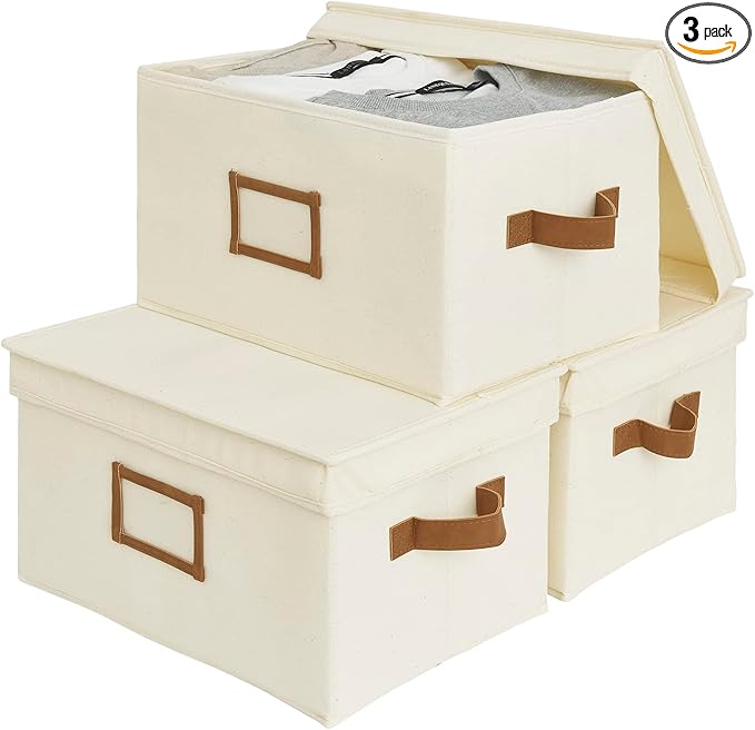 StorageWorks Large Storage Bins with Lids, Decorative Storage Boxes with Lid and PU Handles, Foldable Storage Baskets for Closet, Shelves, Stackable, Ivory, 3-Pack