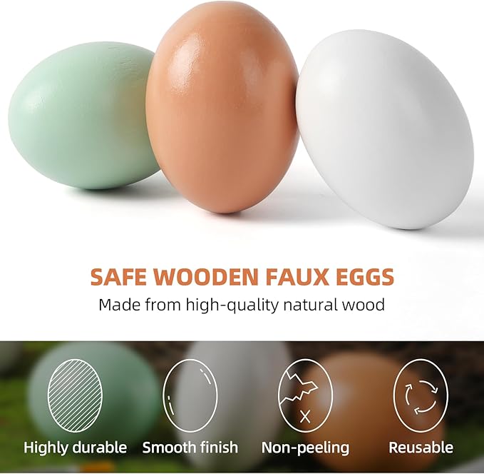 CALPALMY (24 Pieces) Hyper-Realistic Wooden Eggs - 3 Colors Wooden Fake Eggs for Easter, Painting, Decorating, Crafting, Fake Food, and Nest Box Training (8pcs Brown, 8pcs White, 8pcs Green)