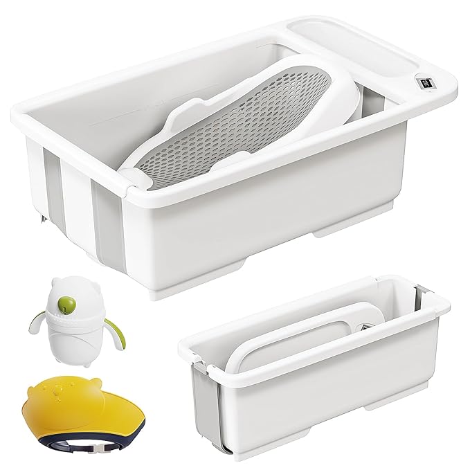 Collapsible Baby Bathtub with Smart Temperature Display & Bath Stand, Portable Travel Bathtub, Ideal for 0-36 Months Infants (Beige)