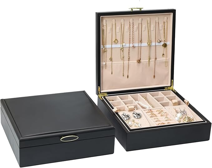 2-layer jewelry box，Jewelry Organizer with Handle，with hanging necklace hooks, detachable jewelry trays, suitable for storing a large amount of jewelry gift box (Large-Black)