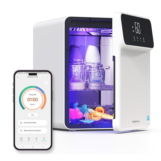 HubiBaby 4-in-1 UVC Cleaner and Dryer for Baby Bottles XL Large Inner Capacity Multifunctional Smart Control with Bluetooth APP