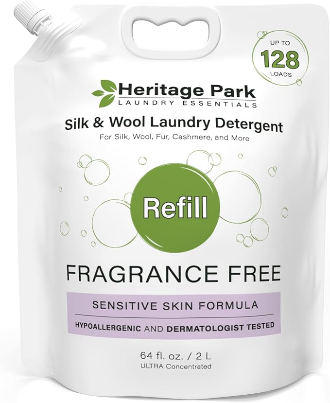 Heritage Park Silk & Wool Fragrance Free, Hypoallergenic, pH-Neutral Laundry Detergent - Dermatologist-tested, Sensitive Skin-Friendly, Enzyme-Free, Ultra Concentrated (64 fl oz Refill)