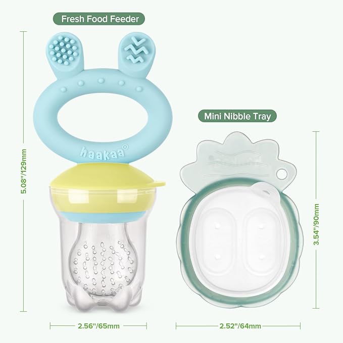 Haakaa Baby Fruit Food Feeder & Mini Freezer Nibble Tray Combo, Breastmilk Popsicle Molds for Baby Cooling Relief, BPA Free Silicone Feeder for Safe Infant Self Feeding, 4 Month+ (Blue)