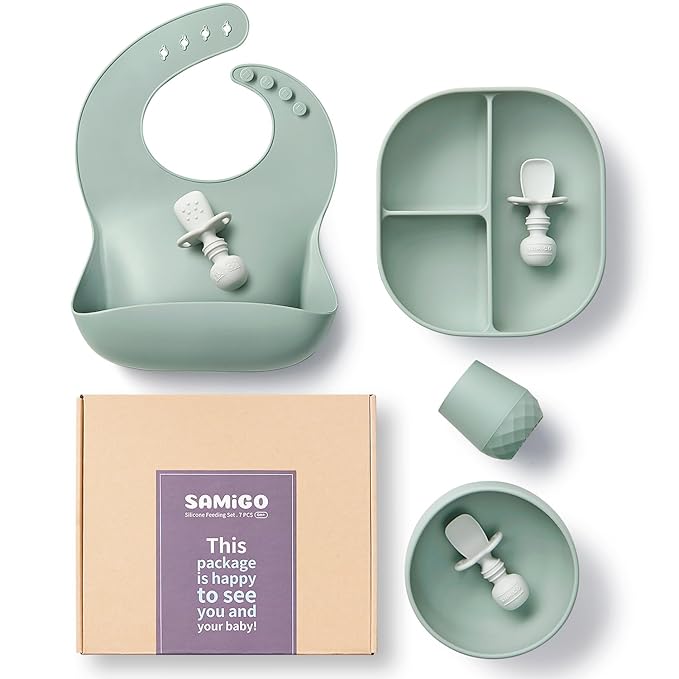SAMiGO Silicone Baby Feeding Set, Baby Led Weaning Supplies, Suction Bowl Plate Bib Cup Self Feeding Spoons, Solid Food Eating Essentials, First Stage Utensils, 6+ Months
