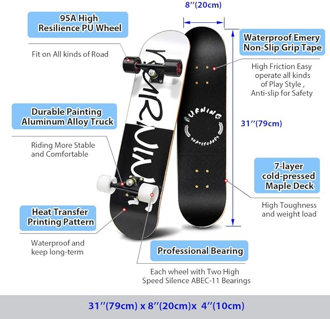 Easy_Way Complete Skateboards- Standard Skateboards for Beginners Kids Boys Girls Teenager- 31''x 8''Canadian Maple Cruiser Pro Skate Board, Skateboards