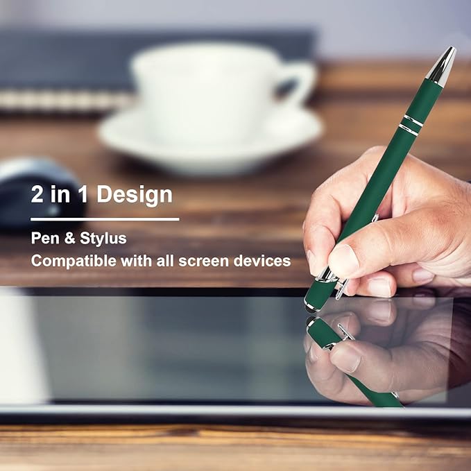 Ballpoint Pen with Stylus Tip, Soft Touch Click Metal Pen, 1.0mm Medium Point, Black Ink, 12 Count(Dark Green)