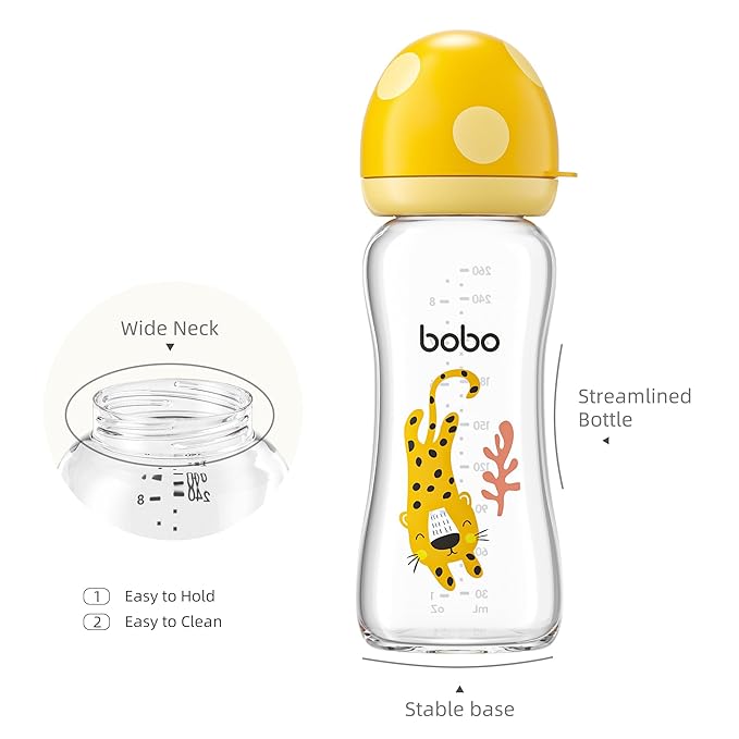 YOHKOH Natural Glass Baby Bottle with Natural Response Nipple, Newborn Anti-Colic Baby Bottles, Wide Neck Mushroom Cap Baby Bottle, Clear (8.8ounce (Pack of 2), Yellow2)