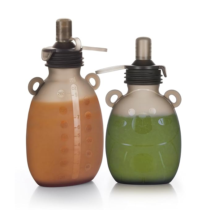 haakaa Happii Bear Silicone Goody Pouch Combo,Reusable Baby Food Pouches for Homemade Organic Purees, Juices, Smoothies, and Yogurt - Perfect for Toddlers and Kids - 2 Pack, 6oz+9oz