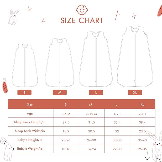 Baby Sleep Sack 0-6 Months Wearable Blanket for Babies 100% Organic Cotton 2-Way Zipper YKK 0.5 TOG Toddler Sleeping Sacks Bunny