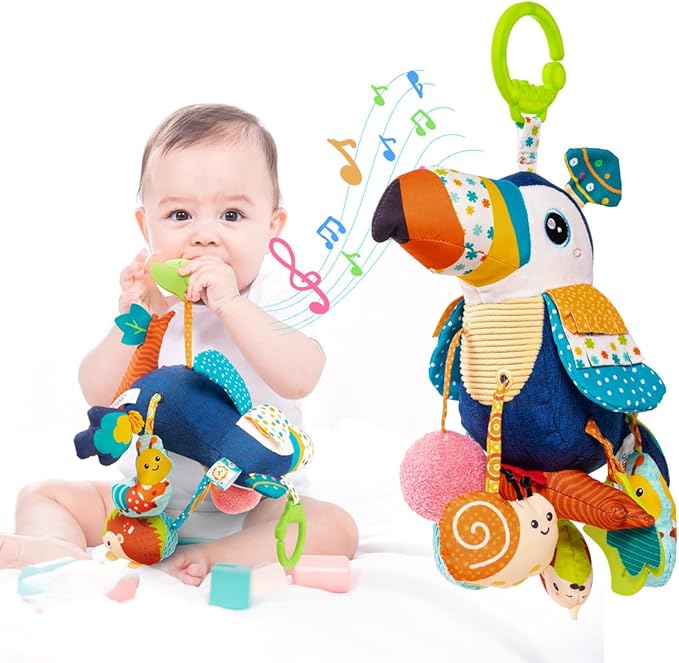 Jollybaby Musical Activity Pull String Hanging Toy for Baby Stroller Car Seat Crib Play Gym, Plush Stuffed Toucan Toy for Carseat with Music Teether Rattles, Sensory Toy for Baby Gift
