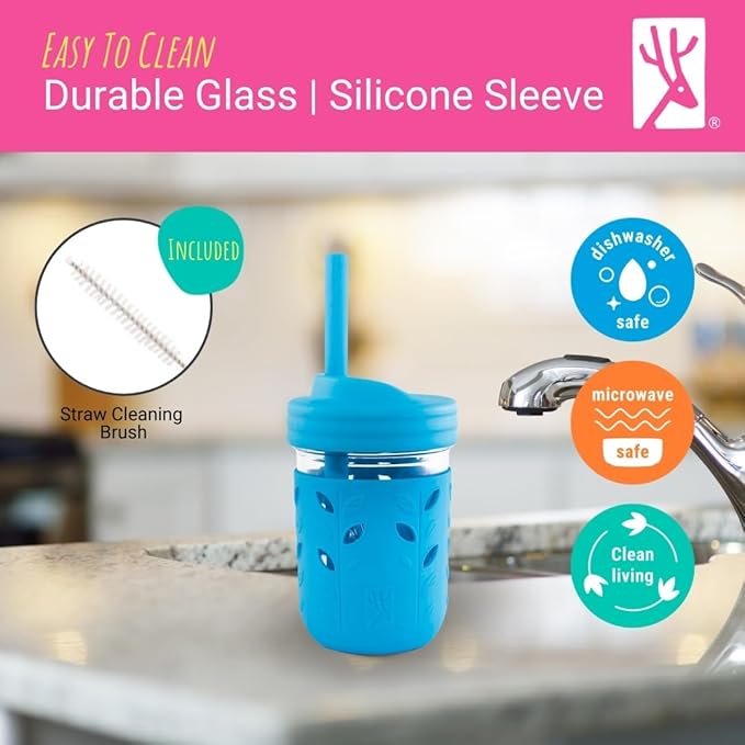 Elk and Friends Kids & Toddler Cups | The Original Glass Mason jars 8 oz with Silicone Sleeves & Silicone Straws with Stoppers | Smoothie Cups | Spill Proof Sippy Cups for Toddlers | 4 Pack