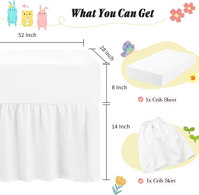 Horbaunal 2 Pack Crib Skirt & Crib Bed Sheet Set, White Crib Bed Skirt 28" x 52" with 14" Drop Dust Ruffle, Soft Microfiber Toddler Bedskirt Nursery Bedding Skirt for Baby Girls and Boys